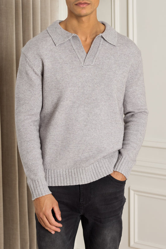 Dylan Chunky Knit Open Collar Sweater - Grey Marl